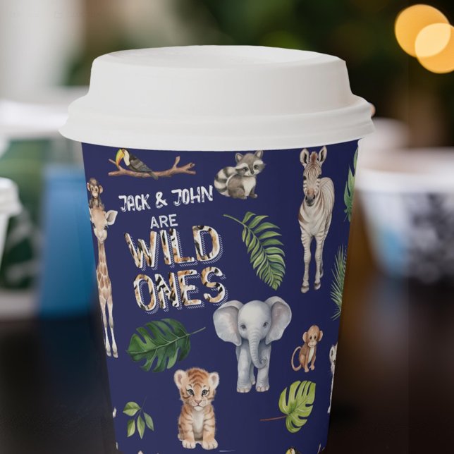 Twins wild one, Navy blue Jungle animals themed Paper Cups (Twins navy blue wild one, safari animals, baby boys birthday paper cups.)