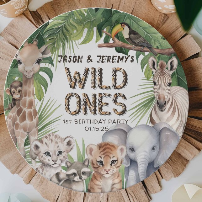 Twins Wild one Safari animals jungle 1st birthday Paper Plate (Wild one 1st birthday, Safari animals themed boy first birthday celebration paper plates.)