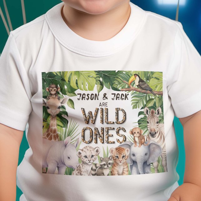 Twins Wild Ones, Jungle Safari Cute Animals, 1st  Baby T-Shirt (Twins Wild Ones Themed Boy 1st Birthday T-shirt)