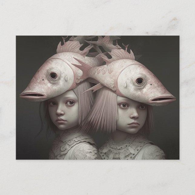 Twins With Pink Fish on Heads Horror AI Art Postcard (Front)