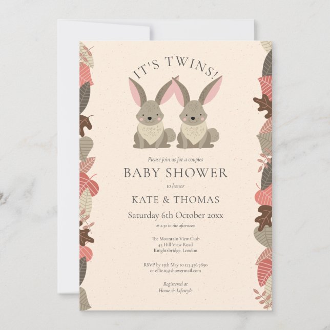 Twins Woodland Animals Couples Baby Shower Invitation (Front)