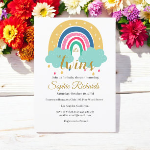 Twins Yellow Green Rainbow Baby Shower Invitation