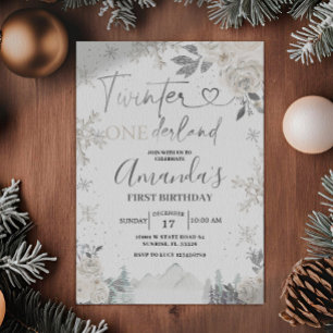 Twinter Onederland Snowflake White Floral Birthday Invitation