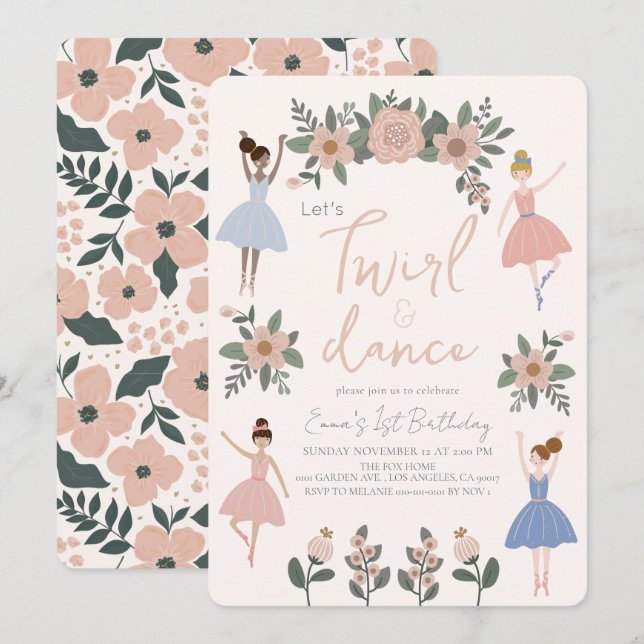 Twirl & Dance Ballerina Floral Girl 1st Birthday Invitation (Front/Back)