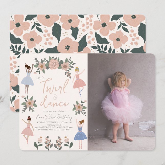 Twirl & Dance Ballerina Floral Girl Photo Birthday Invitation (Front/Back)