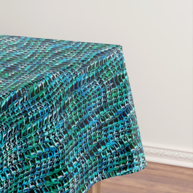 Twisted and wavy burlap sack mesh, cyanish green tablecloth (In Situ)