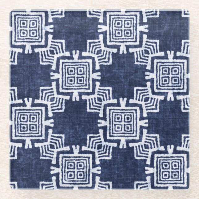 Twisted indigo chequered textured background. glass coaster (Front)