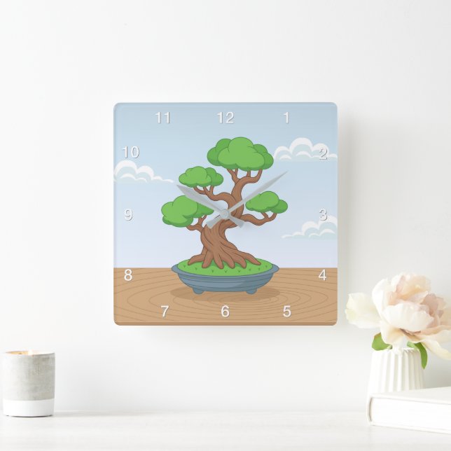 Twisted Japanese Bonsai Tree on Table Square Wall Clock (Home)