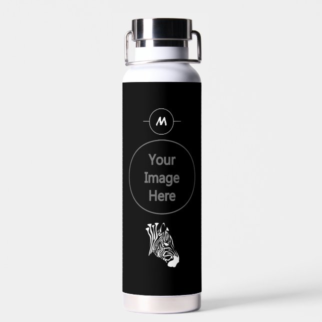 Twisted White Stripes Zebra Silhouette Monogram Water Bottle (Back)