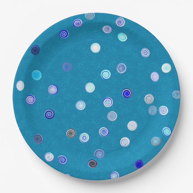 Twisty Polka Dot Spirals Blue Paper Party Plates (Front)