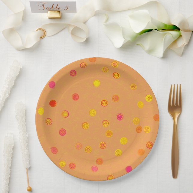 Twisty Polka Dot Spirals Orange Paper Party Plates (Wedding)