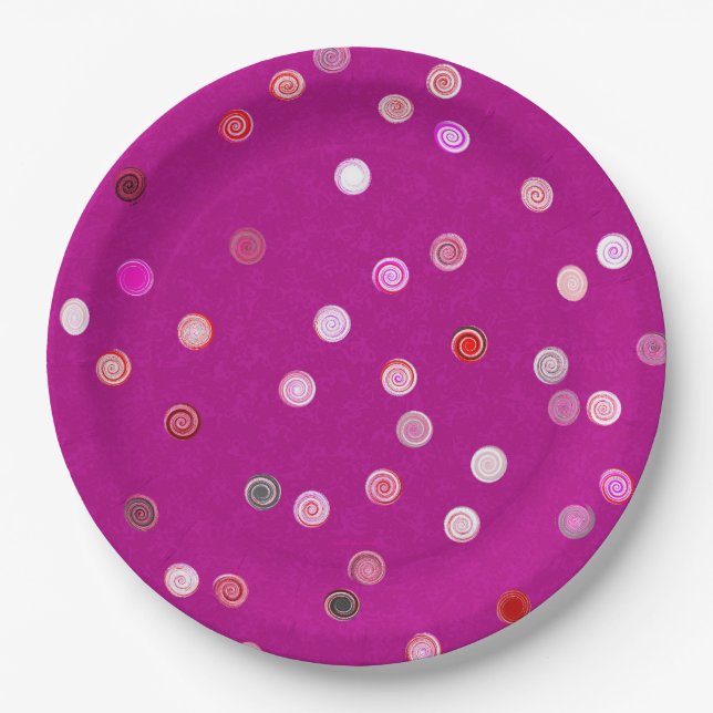Twisty Polka Dot Spirals Pink Paper Party Plates (Front)