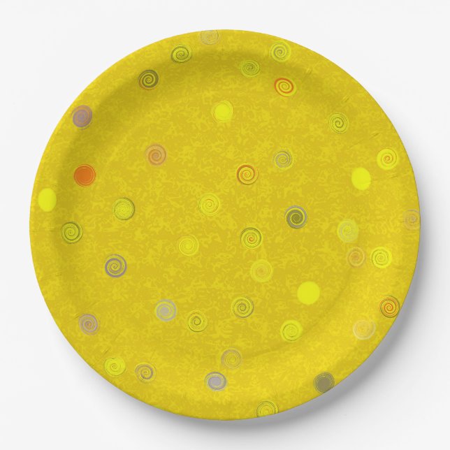 Twisty Polka Dot Spirals Yellow Paper Party Plates (Front)