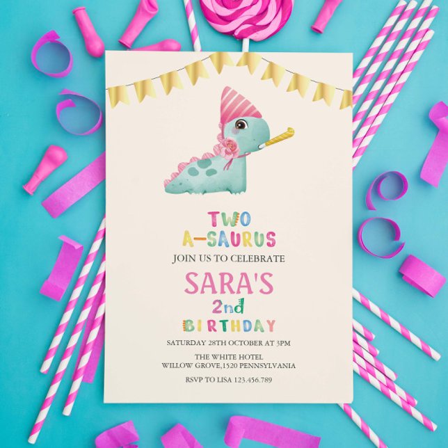 two-a-saurus 2nd Birthday Cute Dinosaur Invitation (Creator Uploaded)