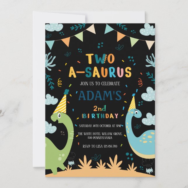two-a-saurus Black Birthday Green & Blue Dinosaur Invitation (Front)