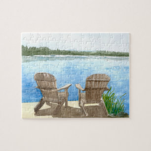 Two Adirondack Chairs at Lake with Mountains Jigsaw Puzzle