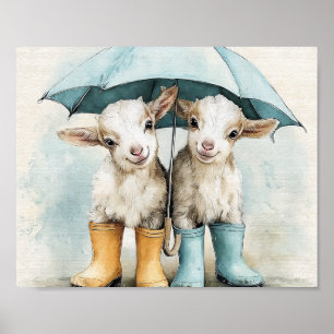 Two Adorable Baby Goats on a Rainy Day Poster