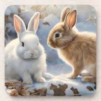 Two Adorable Bunny Rabbits Brown and White in Snow