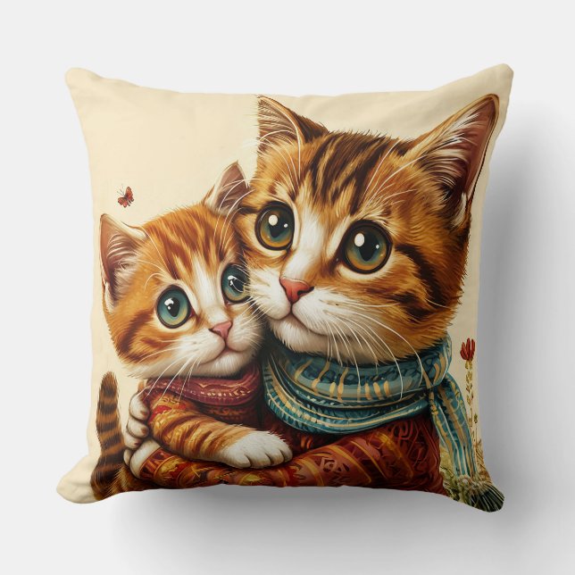 Two Adorable Cats Hugging Cushion (Front)