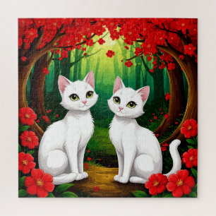 Two Adorable Cats Sitting in a Vibrant Forest Jigsaw Puzzle