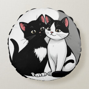 Two Adorable Cats Sitting Together Round Cushion