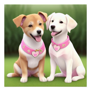Two Adorable Puppies Sitting on Grass Photo Print