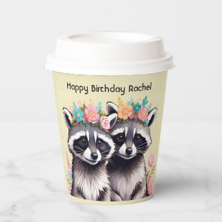 Two Adorable Racoons In Flower Crowns Paper Cups