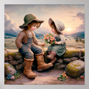 Two Adorable Vintage Munchkins in Country Clothes Poster