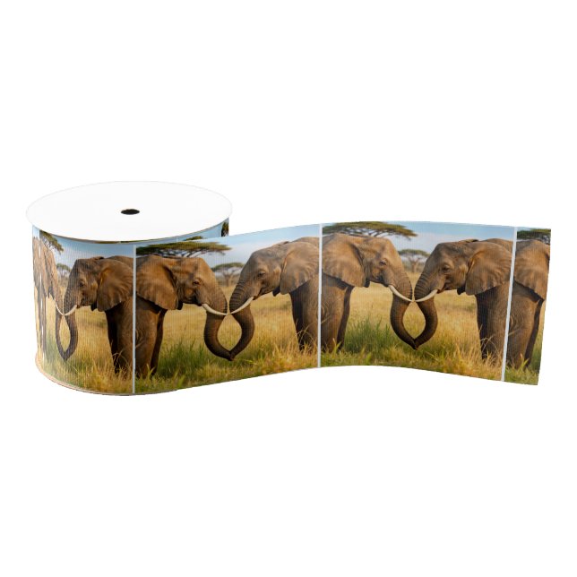 Two African Elephants In Savannah Grass Grosgrain Ribbon (Spool)