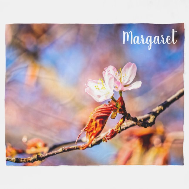 Two Amazing Sakura Flowers. Pink, Blue Background Fleece Blanket (Front (Horizontal))