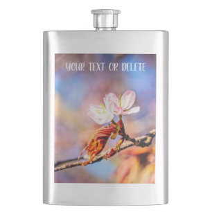 Two Amazing Sakura Flowers. Pink, Blue Background Hip Flask