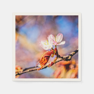 Two Amazing Sakura Flowers. Pink, Blue Background Napkin