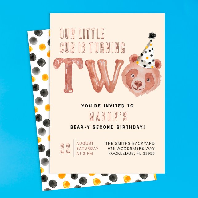 Two and Twice as Cute 2nd Birthday Invitation  (Little Bear | Bear-y Cute Birthday Invite)