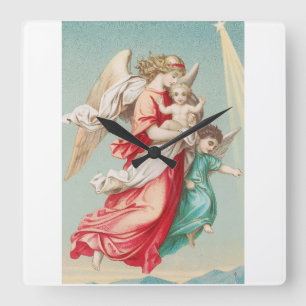 Two angels wear a small child square wall clock