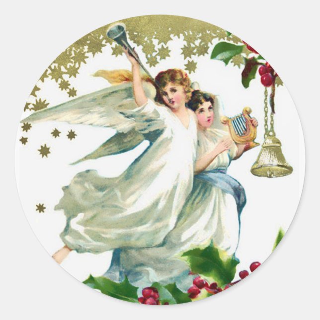 Two Angels with Bells Christmas Classic Round Sticker (Front)