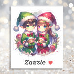 Two Anime Elves | Cute Christmas<br><div class="desc">Christmas sticker. A cute boy and girl elf holding toys. A sweet ai watercolor style anime Christmas illustration.</div>