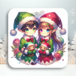 Two Anime Elves | Cute Christmas Square Sticker<br><div class="desc">Christmas stickers. A cute boy and girl elf holding toys. A sweet ai watercolor style anime Christmas illustration.</div>