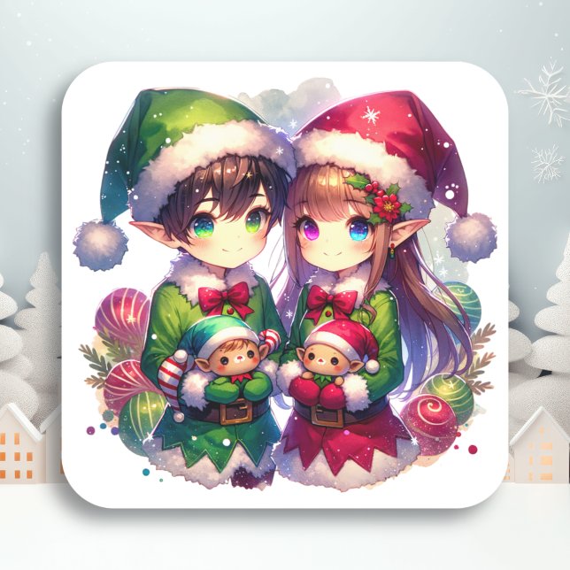 Two Anime Elves | Cute Christmas Square Sticker (Creator Uploaded)