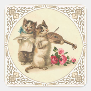 Two Anthropomorphic Kittens Playing Music Square Sticker