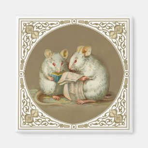 Two Anthropomorphic White Mice Reading Paper Magnet