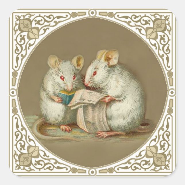 Two Anthropomorphic White Mice Reading Square Sticker (Front)