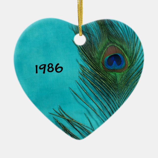 Two Aqua Peacock Feathers Ceramic Tree Decoration (Front)