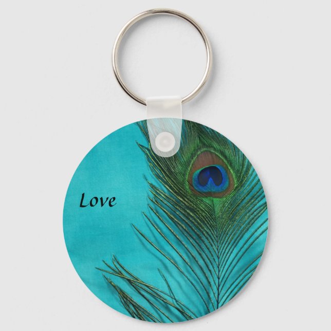 Two Aqua Peacock Feathers Key Ring (Front)