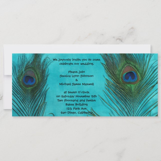 Two Aqua Peacock Feathers Wedding Invitation (Front)