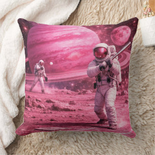 Two Astronauts Playing Baseball on Pink Planet Cushion
