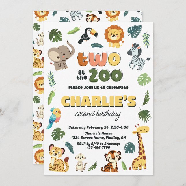 Two at the Zoo Animal Safari Birthday Party Invitation (Front/Back)