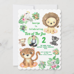 Two at The Zoo Jungle Animals Kids Birthday Photo Invitation