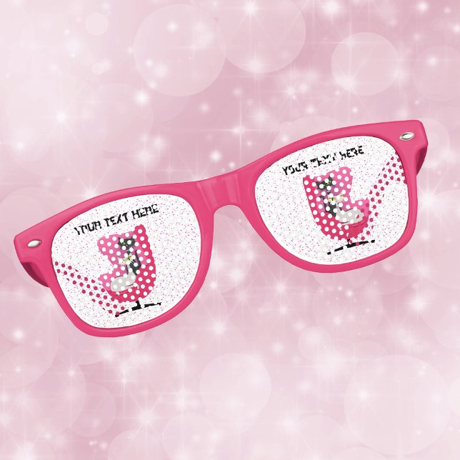Two Atomic Cat in Bright Pink Chair Polka Dots Retro Sunglasses (1950s style cats in pink chair on  white with pink polka dots on retro party glasses.)