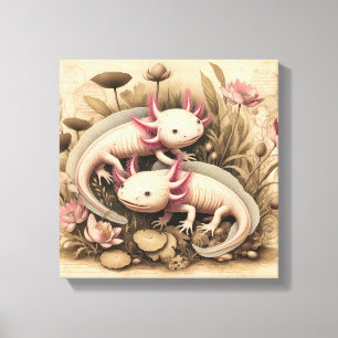 Two Axolotls with Vintage Botanical Touch Canvas Print