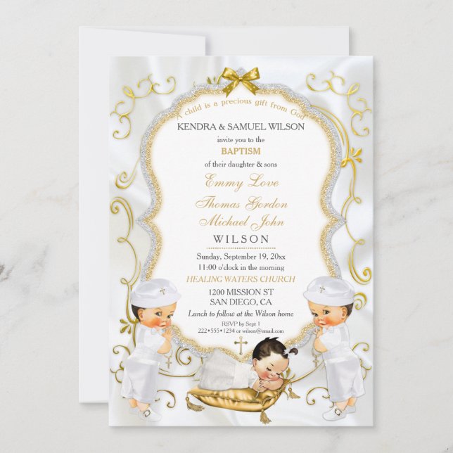 Two Baby Boys & Girl  Baptism Christening Gold Inv Invitation (Front)